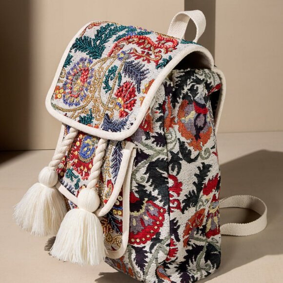 Handmade Boho Chic Backpack - Charming Jacquard Flower Pattern - Fine Cotton - Picture 6 of 11